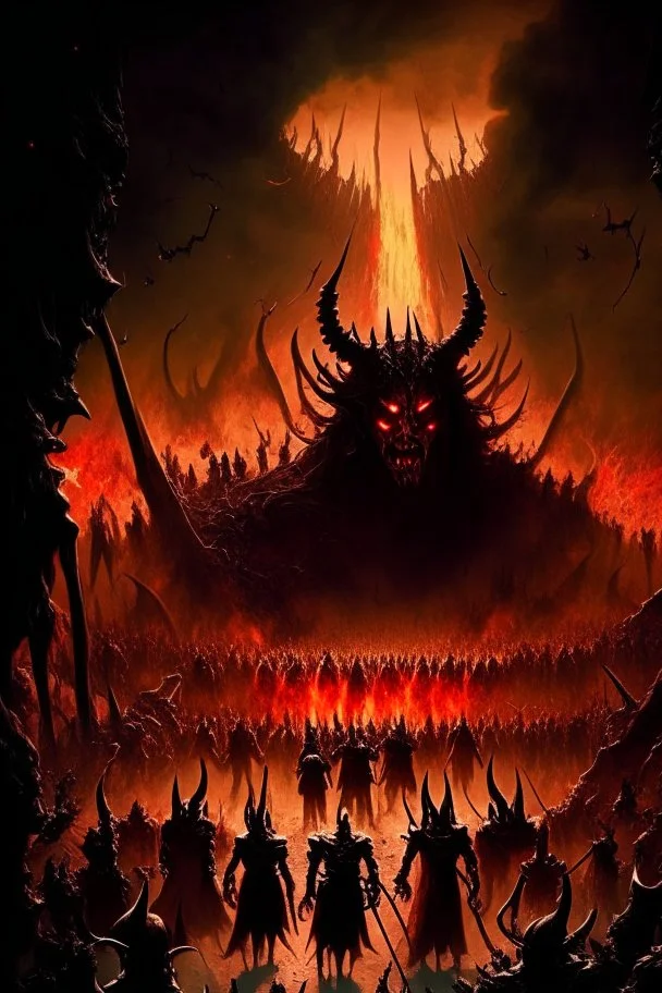 A picture of hell with hellish people in torment Sauron, the lord of darkness, with the devil and his army, in the land of destruction