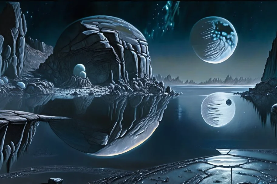 Grey Exoplanet in the hotizon, rocks, Night, lagoon reflection, sci-fi, epic, otto pippel painting