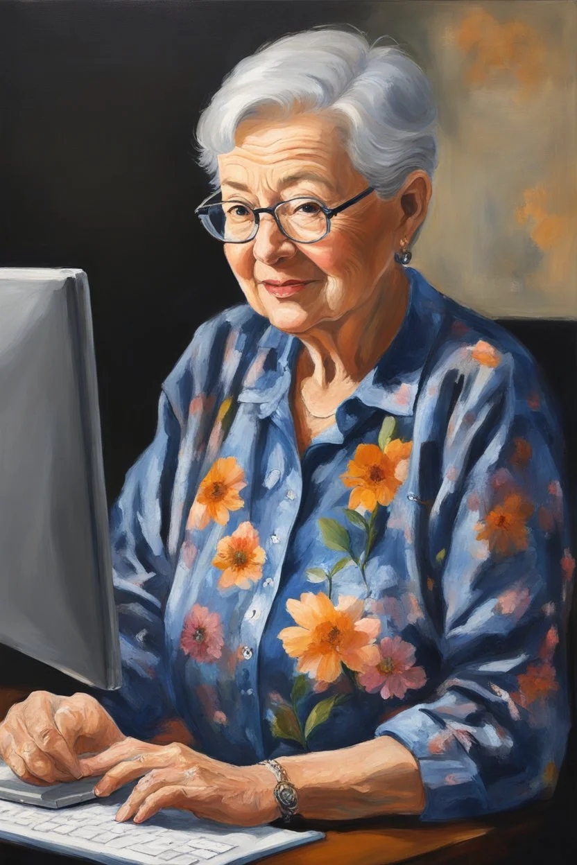 Oil paint on canvas, chiaroscuro, deep shadows, masterpiece, happy, 2020 caught off guard, 79-year-old Phyllis Kendall, short buzz-cut gray hair, overweight, blue eyes, wearing a black, floral print blouse, dark blue sweat pants, sitting at the computer checking her emails