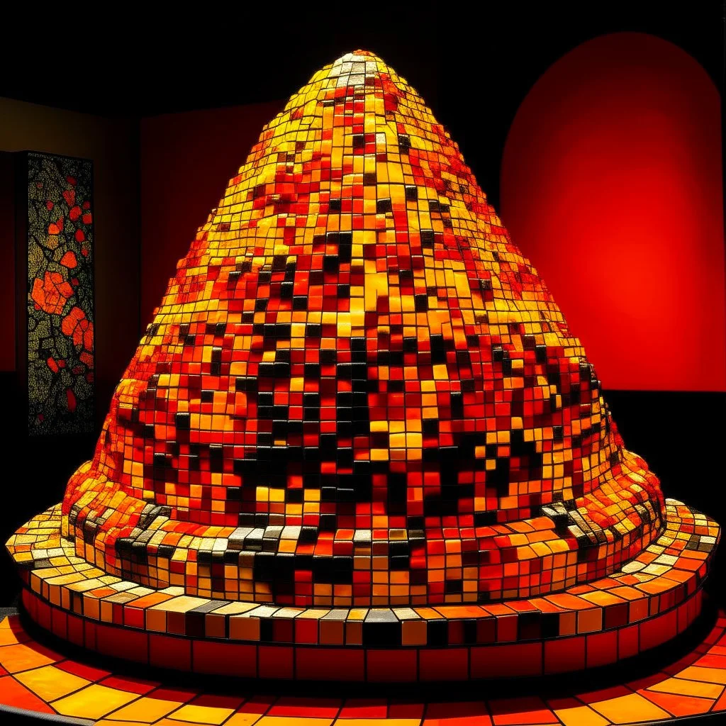 An orange fiery molten volcano designed in ancient Roman mosaics painted by Piet Mondrian