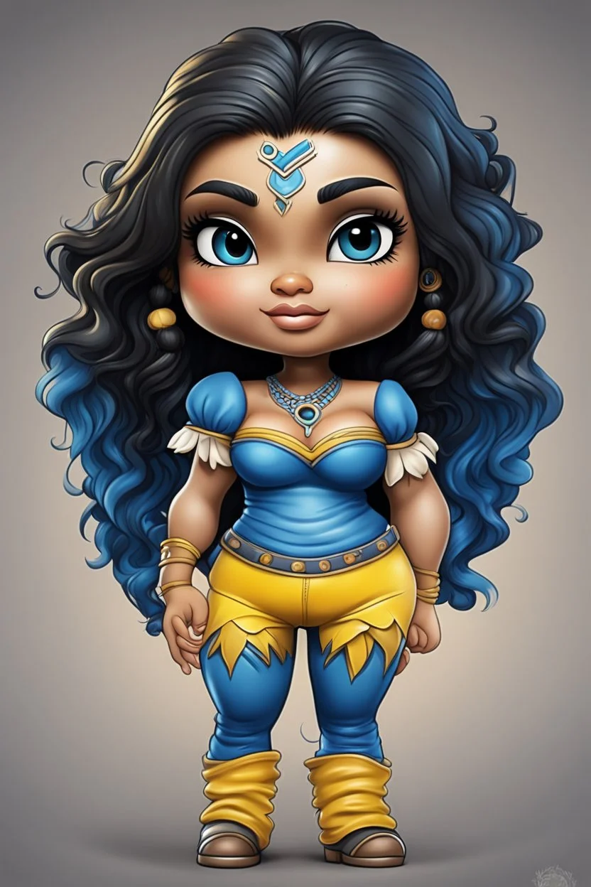 Create an airbrush image of a curvy chibi cartoon native American female wearing tight yellow jeans and a blue off the shoulder blouse. Prominent make up with hazel eyes. Extremely highly detailed shiny black wavy hair flowing down her back