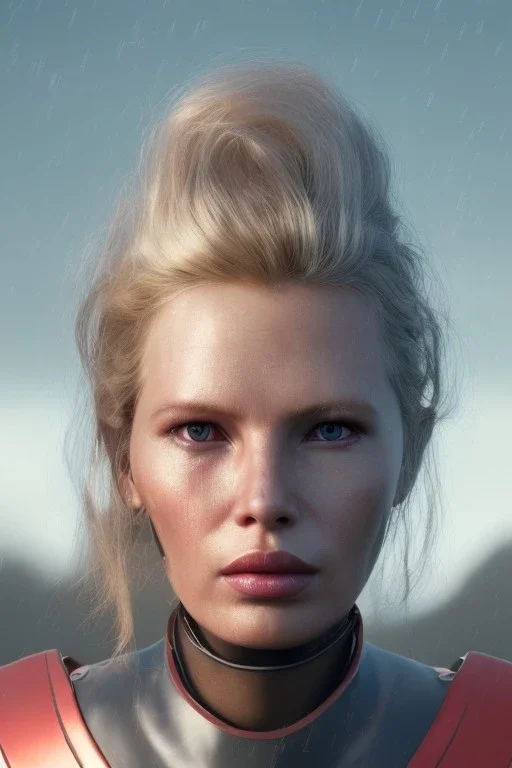 Ultra Realistic retro sci-fi scene, waist up view portrait, blonde woman, sweet young Kim Basinger face, perfect iris, glow eyes, makeup. Saturn background, Retro sci-fi style, helmet, tight latex coat, fog, rain, soft color, highly detailed, unreal engine 5, ray tracing, RTX, lumen lighting, ultra detail, volumetric lighting, 3d, finely drawn, high definition, high resolution.