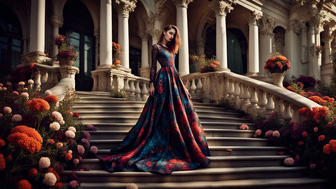 stunning fashion photo of a woman stands nice stairs best pose in extreme weird dress in garden, her is perfect beauty face, perfect full body, sunshine, , lace, deep colors, fine flower patterns, geometric, high detailed, sharp focus, stunning weird fashion, futuristic-Rococo style, best quality , professional photographer, best nikon shoot