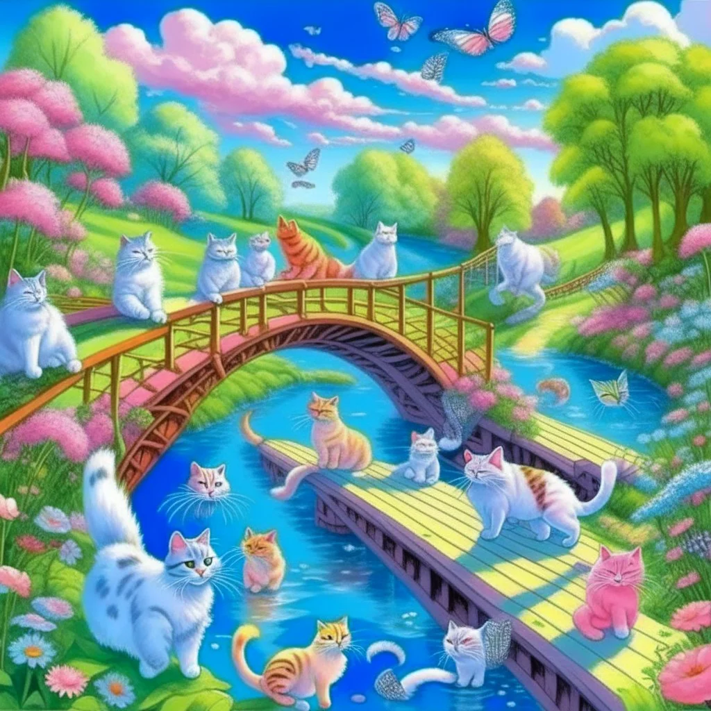 in the center: beautiful chunky cats dancing on a bridge over a blue small river , background: landscape, first plan: pink flowers, sky: white clouds with more cats sitting on them