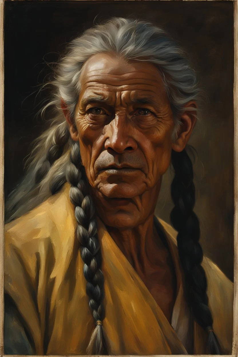 portrait of a 60 year old man, His hair was long, and yellow like the sun. Two braids hung down neatly in front of his ears. His face was rugged, and he carried a scar.