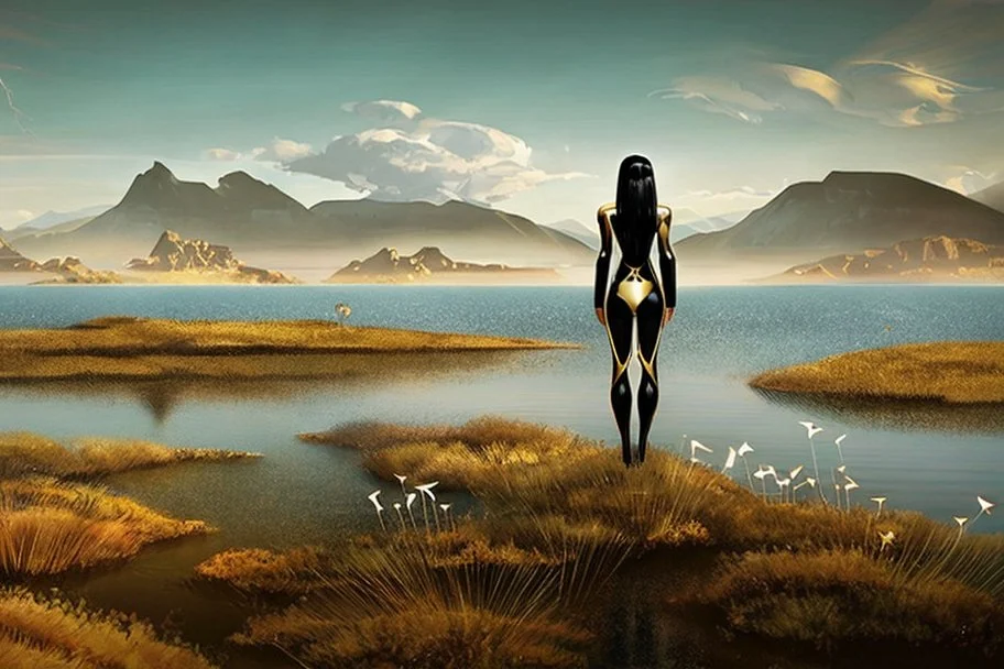 A skinny woman with black hair, in a gold and black android suit, standing, looking out over a lake, with flying dandelion heads with octopus tentacles, with tall narrow cloud trees in the distance