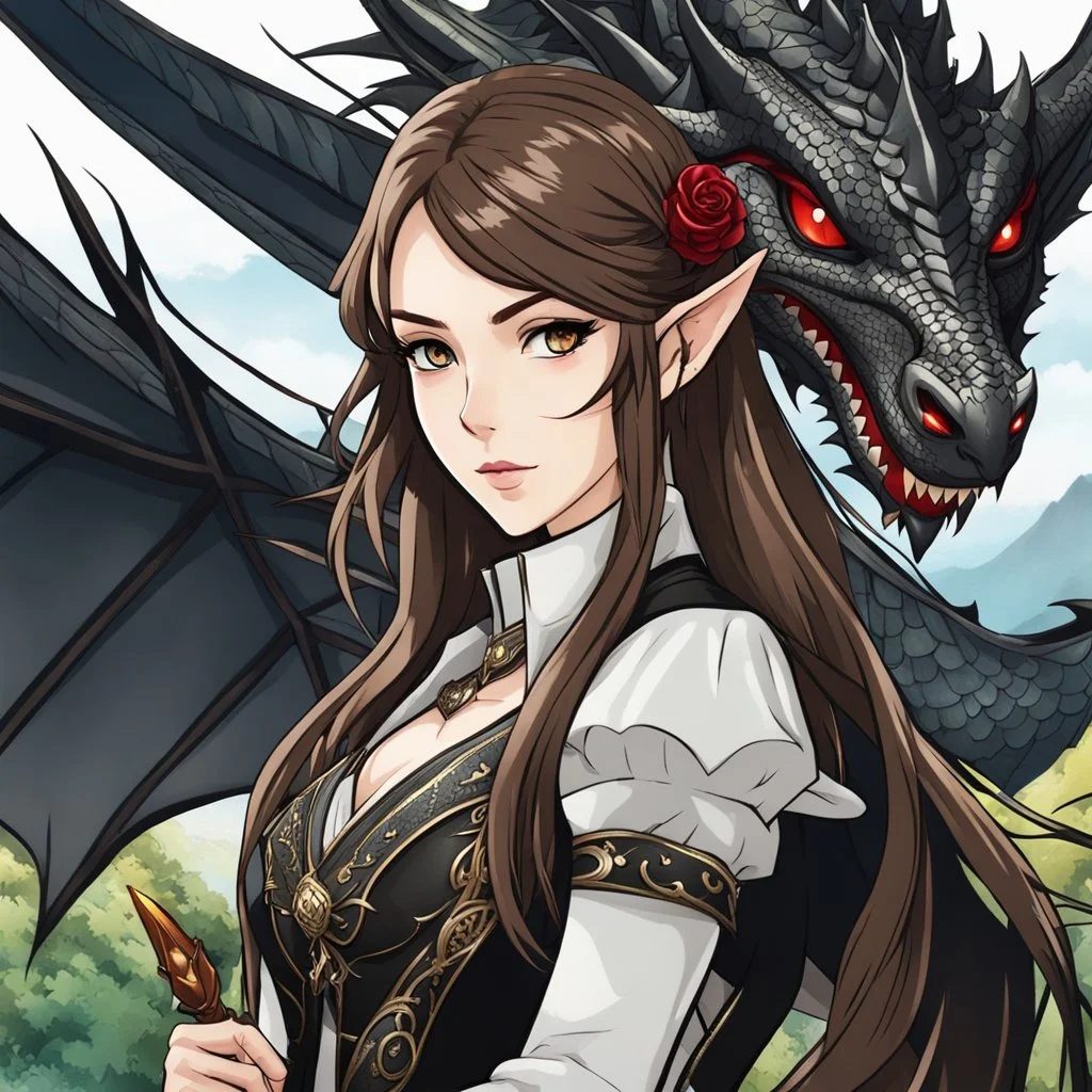 Icon or avatar. An arrogant looking young woman with pale skin and long brown hair in an outdoor fantasy setting with intricate details with a dragon flying in the background. She is smirking, wearing black and read leather, has red eyes, an air of malevolent power surrounds her. Anime style. High definition.