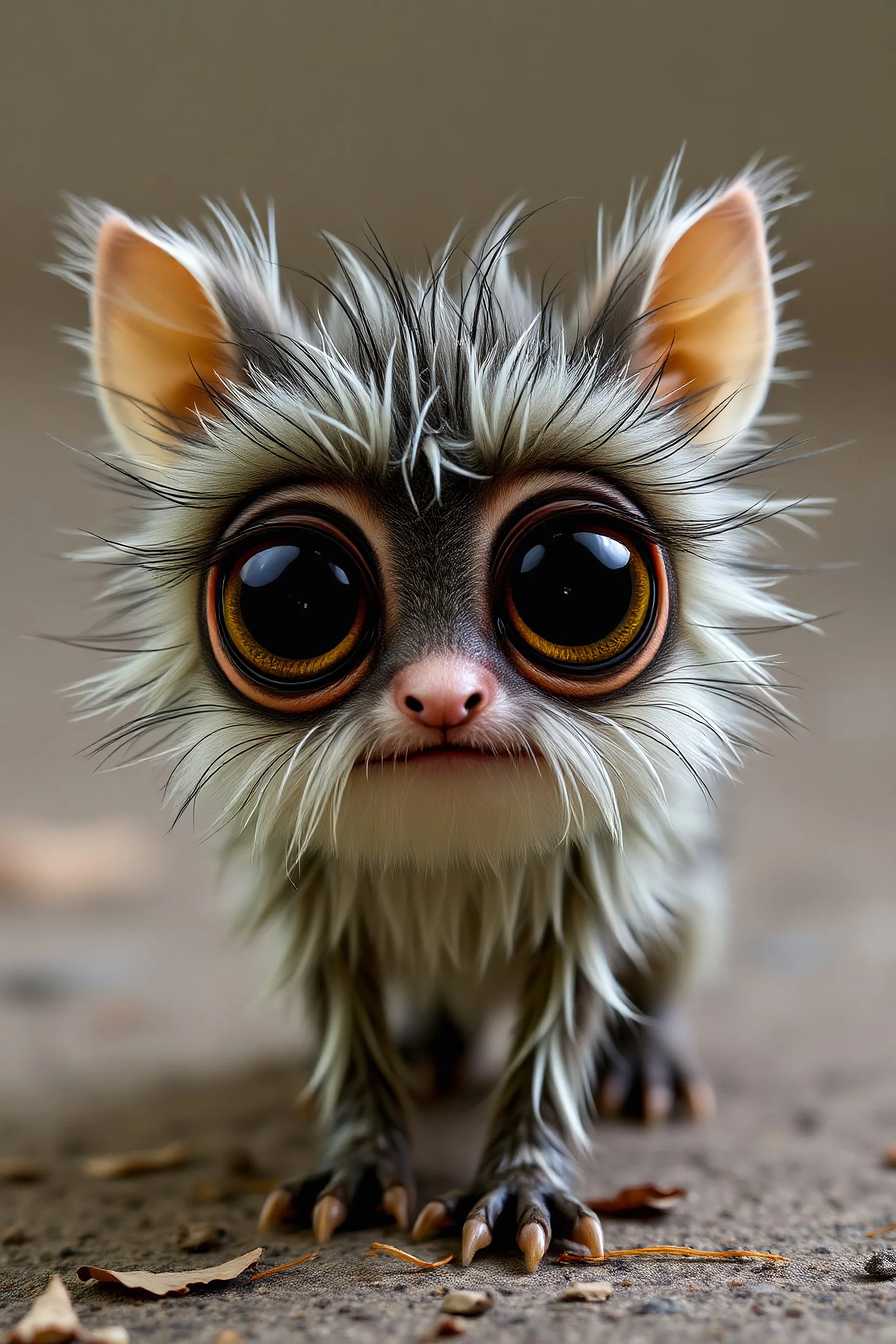 Medium sized, fuzzy creature, big eyes.