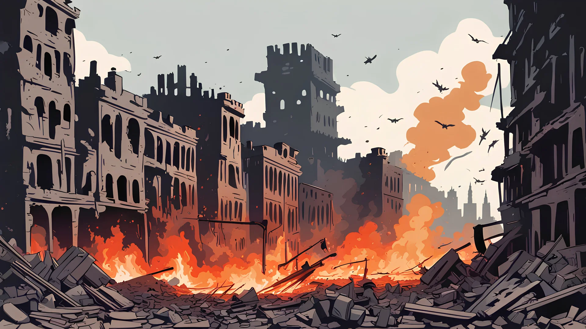 Digital painting, Bombed, burned, A city destroyed by war, a ruined city, Vector, History, World War I,1900 AD, flat color, Vector, Illustration,