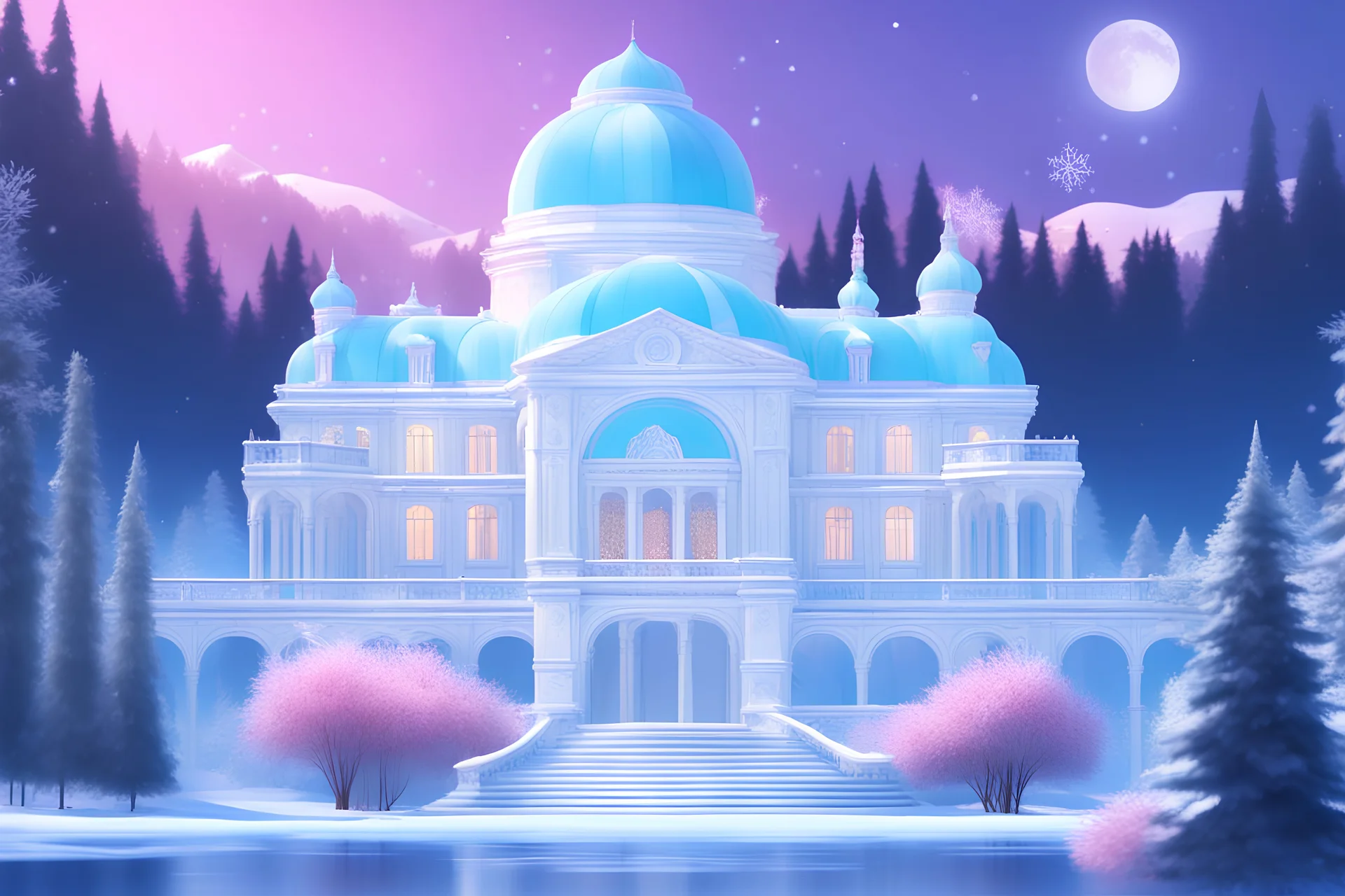 in a snowy and bright landscape a magnificent palace, tall trees, delicate flowers a pond in the foreground, a fountain, snowflakes, a blue sky,8k, very hight definition