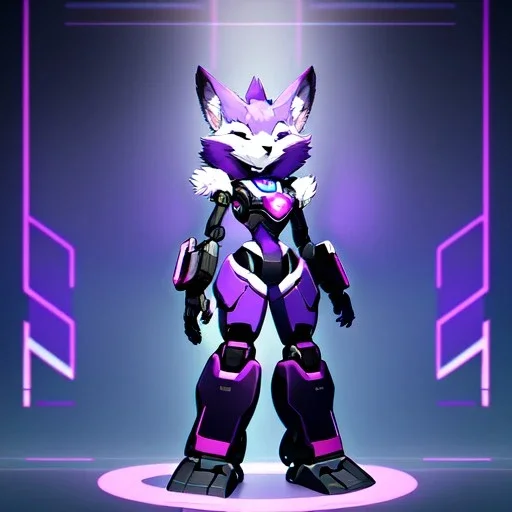 a fox fursona, darker colors, master quality, backlighting, soft lights, full body portrait, in frame, 8k, furry, fur, black and purple color pallet, robotic enhancements, cyberpunk, anthropomorphic