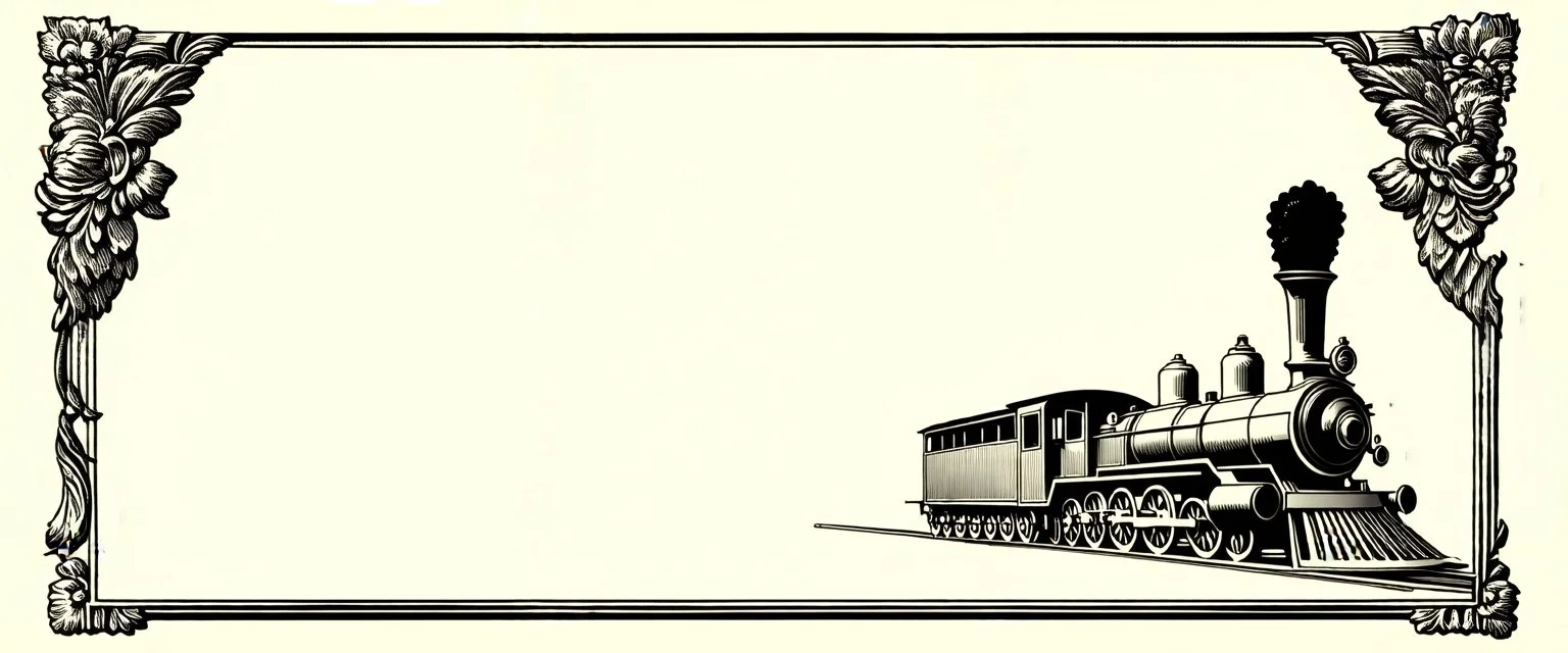 an old engraved stamp with decorative corner elements in the top left and bottom right, inspired by steam locomotive railroad. antique printing
