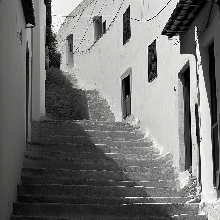 Calle de un pueblo de una isla italiana en verano, con escalinata, fotografía real, fotografía realizada con cámara Leica y objetivo de 50 mm, siguiendo estilo de la serie 'Ripley' emitida en Netflix, fotografía en blanco y negro, virada tonos años 50