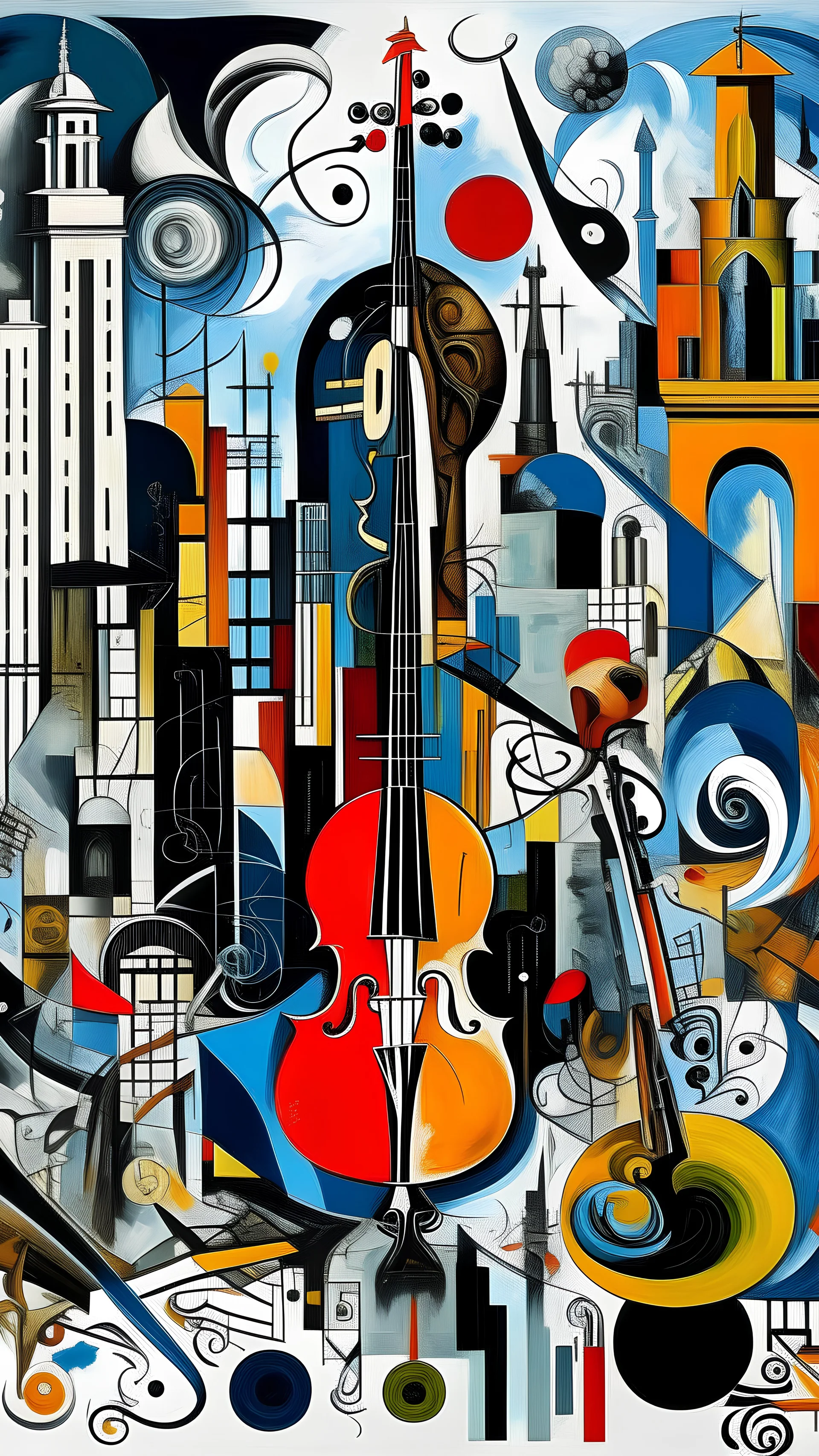 A metropolis made out of jazz instruments painted by Pablo Picasso