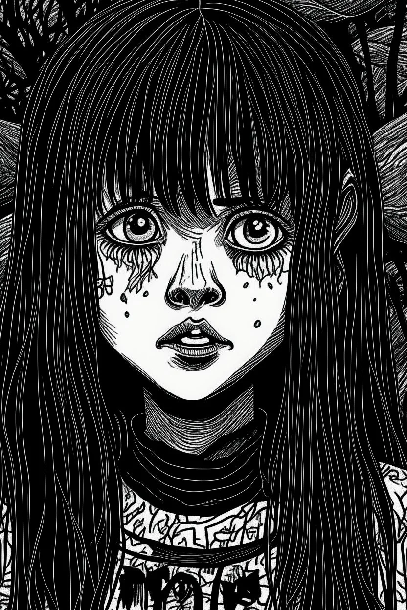 create a horror manga illustration of a dark haired, savage, ancient vampire girl with highly detailed , sharply defined feminine facial features, in a chaotic, turbulent, otherworldly London in the manga style of Junji Ito, precisely drawn, inked, with dramatic edges,