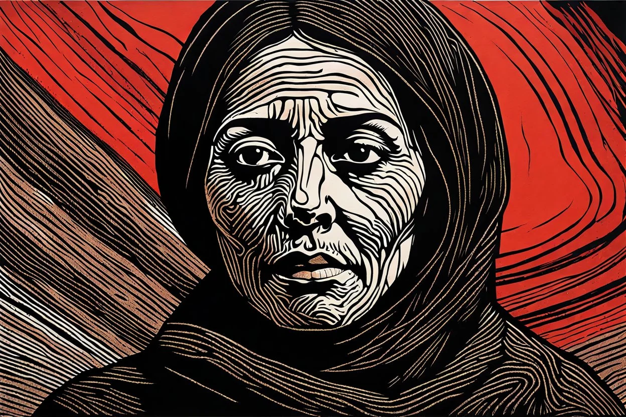 create an abstract, deeply powerful tragic and evocative, full body color woodcut of a raw and weathered Palestinian woman with highly detailed and deeply cut facial features, lost in a horrific post apocalyptic Gaza, in the style of KATHE KOLLWITZ , searing lines and forceful strokes