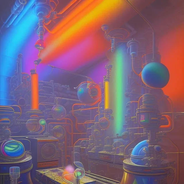 group of scientists is in the laboratory. invent new colors. smoke rises from multi-colored glassware. they are wearing overalls. color swatches in the background. hyperdetailed, orange and teal, warm colors, detailed painting, photorelistic, oil on canvas, light dust, futuristic. volumetric lighting