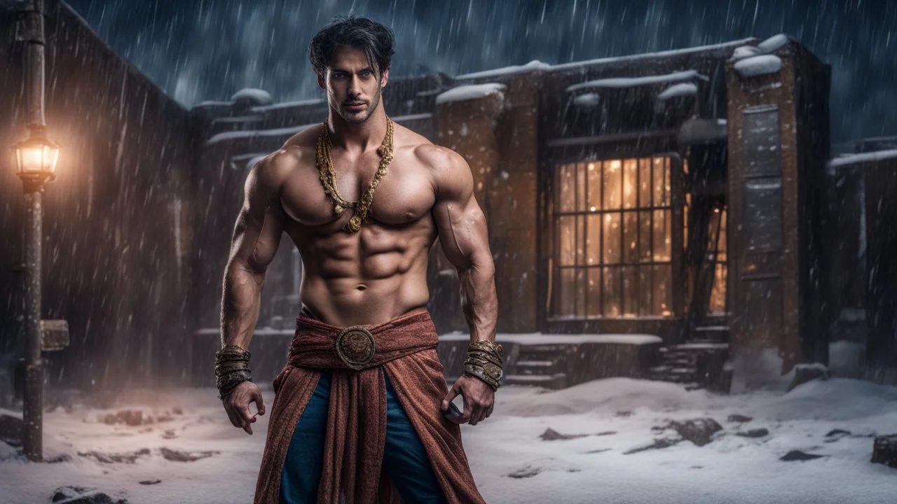 Hyper Realistic handsome muscular Aladdin with his prehistoric-costume standing bravely outside massive-dark-abandoned-factory-with-broken-windows-&-fancy-main-gate at dark snowfall night with dramatic & cinematic ambiance