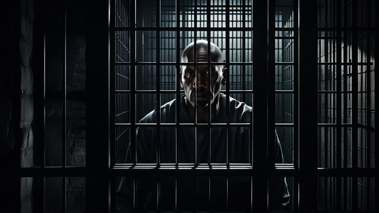 close up parallel prison window bars in foreground, dark prison cell behind him, hidden dark human face partially visible through the window bars, pale light, vertical shadows in background, ultra realistic, dark atmosphere, high contrasts, dark vibe, cinematic