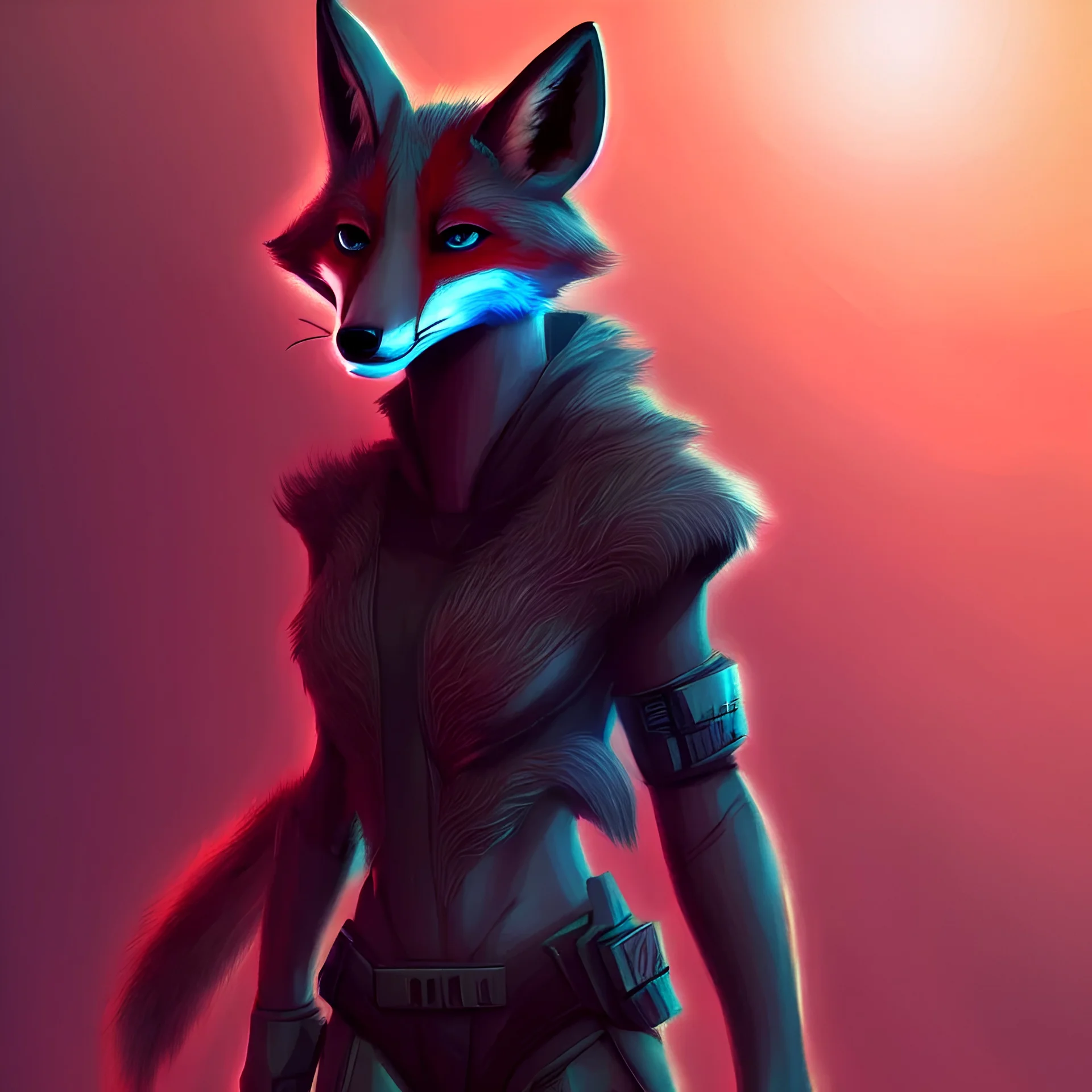 A fox fursona, Trending on artstation, Furry art, Digital art, Cyberpunk, High quality, Backlighting