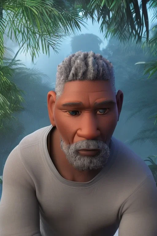 3D render of a cyberpunk tribal old black man, gray hair and goatee, on a dark blue jungle background, digital art