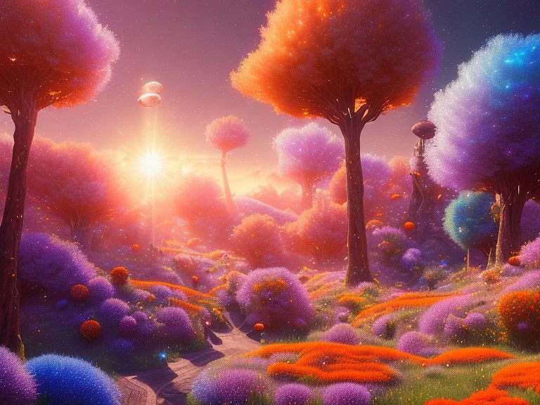 orange and blue crystal cosmic and galactic ambiance hill sky sunny flowers trees landscape, full of details, smooth, bright sunshine，soft light atmosphere, light effect，vaporwave colorful, concept art, smooth, extremely sharp detail, finely tuned detail, ultra high definition, 8 k, unreal engine 5, ultra sharp focus