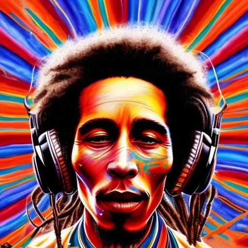 a realistic picture of Bob Marley with dreadlocks, at a turntable with headphones on being a DJ, jamaican color, with sunglasses, psychedelic trippy art, with UFOs in the background