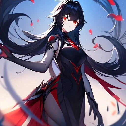 Clear focus, high resolution, black long fluffy hair, red eyes, wearing a Honkai Impact 3rd outfit