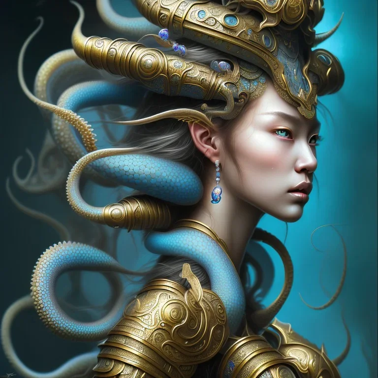 Sango fantasy, fantasy magic, intricate, sharp focus, illustration, highly detailed, digital painting, concept art, matte, art germ and Paul Lewin and Kehinde Wiley, masterpiece Indonesian lady head bronze octopus Asian African girl nice breast Thai hair turquoise silver blue waves