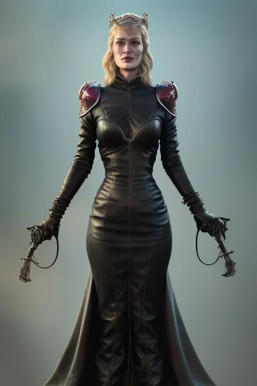 Cersei Lannister as evil dominatrix in black leather, busty, cleavage, curvy, lena headay, angry, stern look. character design by cory loftis, fenghua zhong, ryohei hase, ismail inceoglu and ruan jia. unreal engine 5, artistic lighting, highly detailed, photorealistic, fantasy