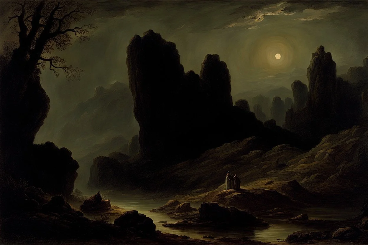 Night, rocks, trees, begginer's landscape, horror gothic movies influence, friedrich eckenfelder, and pieter franciscus dierckx impressionism paintings