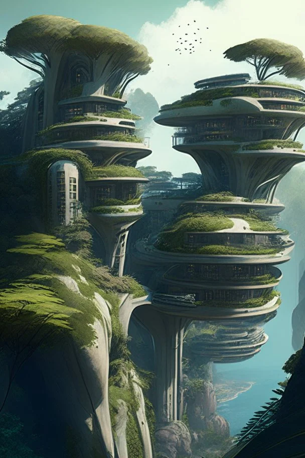 many round alien buildings with balconies overhanging a cliff top with bridges and trees and rampant foliage