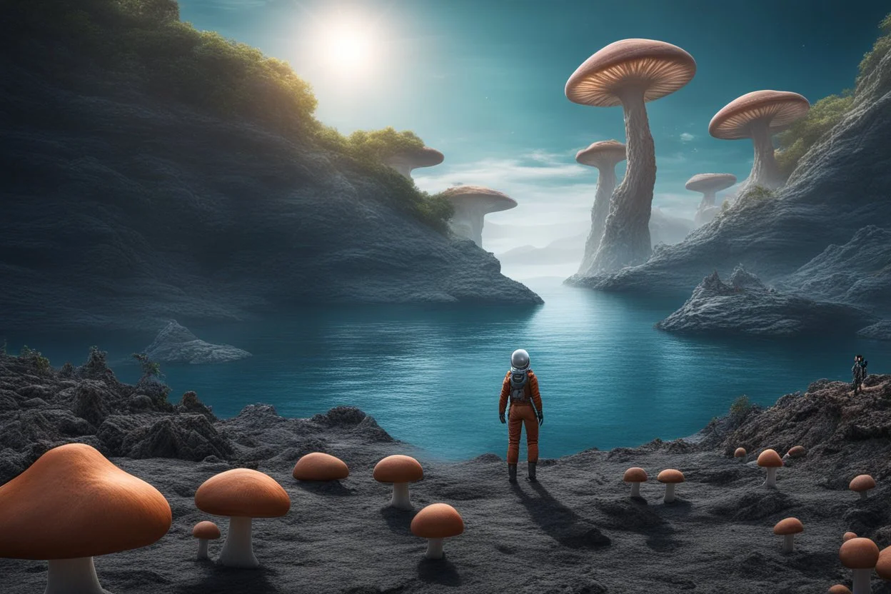 A hyper-realistic 16K 3D photograph of an alien world, with a woman in a spacesuit looking over a rocky shoreline, pointed hat mushrooms with tentacles floating across the sky