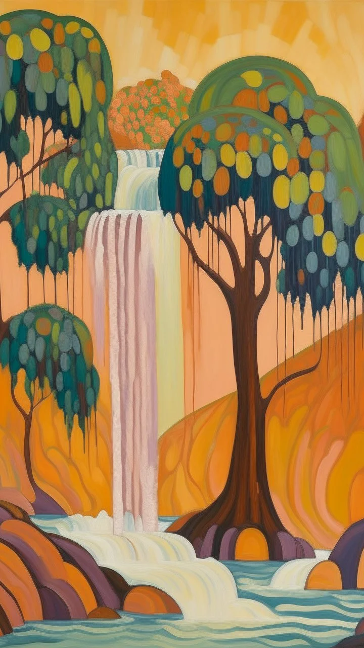 A light rosy orange colored grove with a waterfall designed in Australian aboriginal art painted by Alexej von Jawlensky