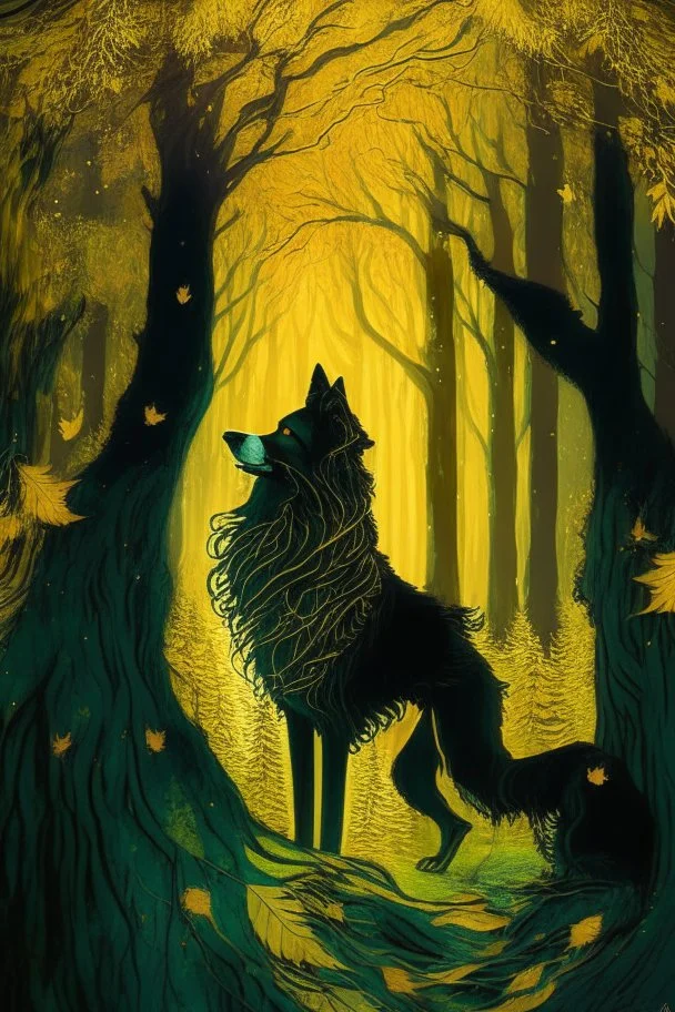 In the heart of a dense and enigmatic forest with towering ancient trees cloaked in emerald, yellow and amber foliage stood a witch possessing an ethereal allure her lustrous hair cascading in ebony waves down to her slender waist In the background a majestic canine of Belgian shepherd lineage roamed its eyes illuminated by an otherworldly crimson