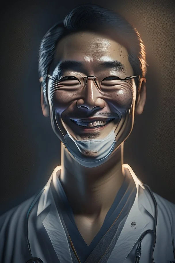 asian surgeon portrait smiling, scalpel pose, dark lighting, hyper-realistic, Meticulously intricate perfectly symmetrical extremely detailed, portrait, pixiv daily ranking, pixiv, extreme depth of field, artstation, spectacular details, volumetric lighting, masterpiece, cinematic, Hollywood production, 8k resolution, high definition, max octane render, vivid colors, max resolution, unreal engine , max perfectionism, realistic composition, professional photography, max focus, masterful technique