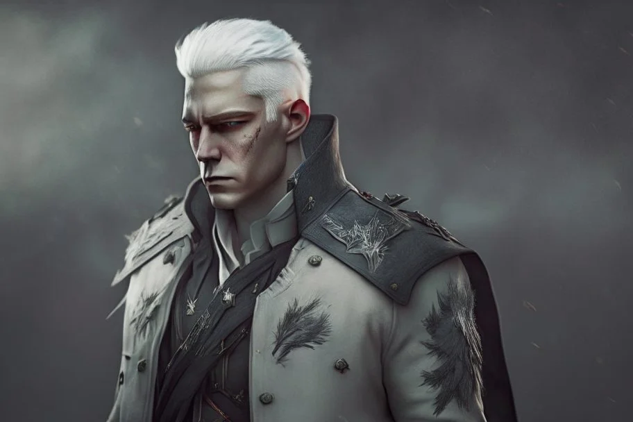 A white masculine human with white hair. A Lot of Battle Scars. Full body. Dark Military clothes. HD