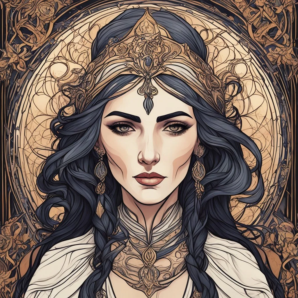 create an ethereal, darkly magical art nouveau illustration of an epic aged female Andalusian sorceress with highly detailed and deeply cut facial features, in the style of CHARLES RENNIE MACKINTOSH, combined with searing lines and forceful strokes, precisely drawn, boldly inked, and darkly colored