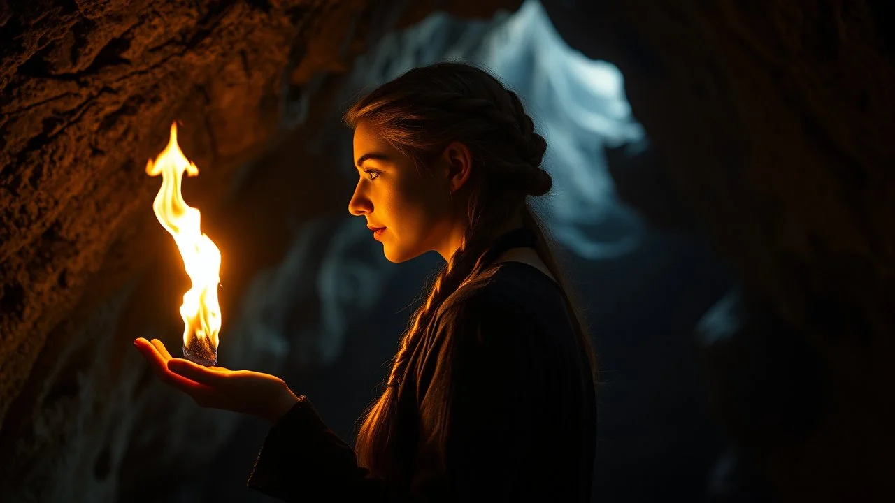 a woman with brown braided hair in profile in a scary cave, holding a flame in her palm, the inside of the cave is illuminated by the flame, close shot, detailed, high realistic, perfect photo, dramatic, dark fantasy