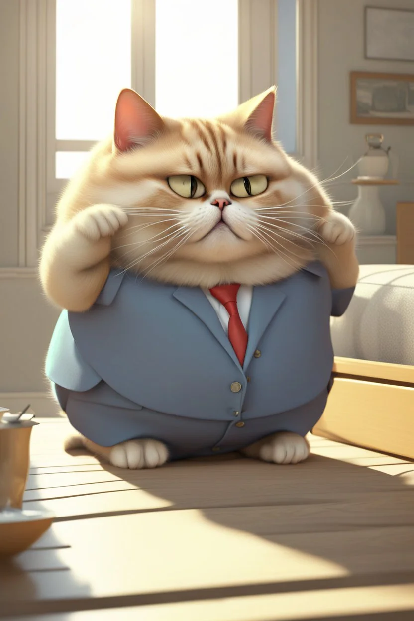 A fat spoiled cat having his hair combed, looking rich,yawny,3d animation ,funny