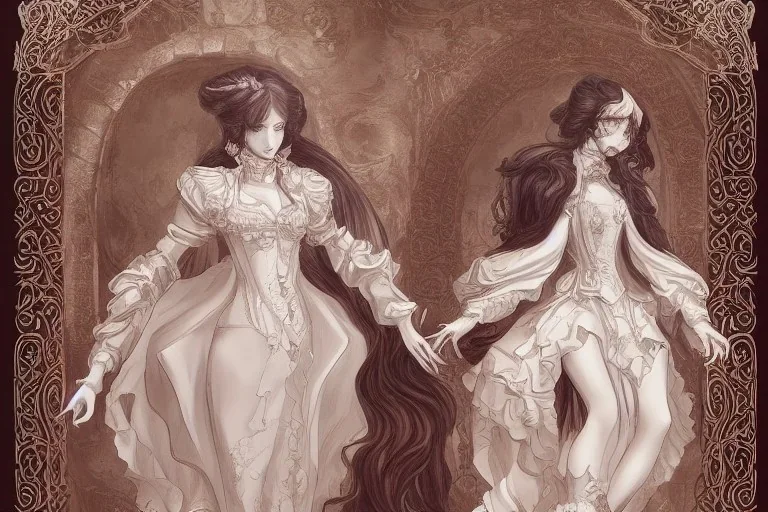 baroque style, elegant, long hair concept art, fancy clothing, fancy room interior, highly detailed, artstation, behance, deviantart, inspired by innocent manga, inspired by castlevania concept art, trending, ayami kojima, shinichi sakamoto