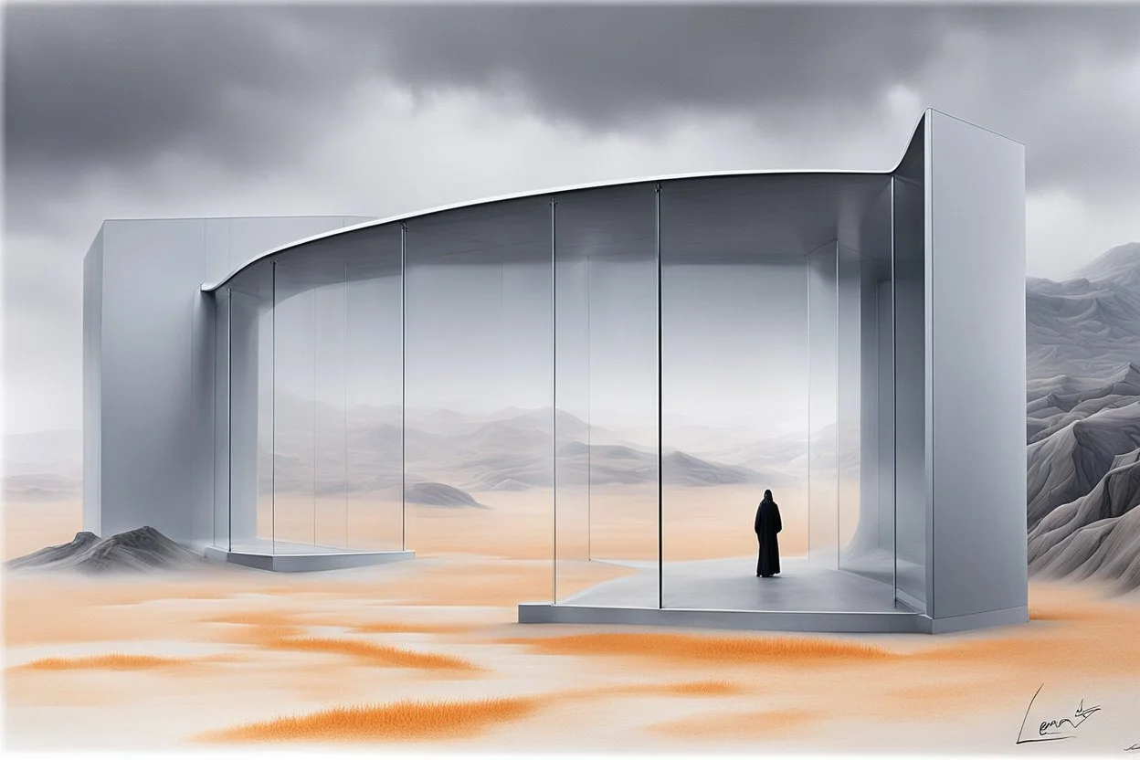 a surreal open glass gate in a glass wall with a view of a desolate landscape, fog, storm, infrared filter, strong contrasts, by artist "Leonora Carrington",by artist "Zaha Hadid""