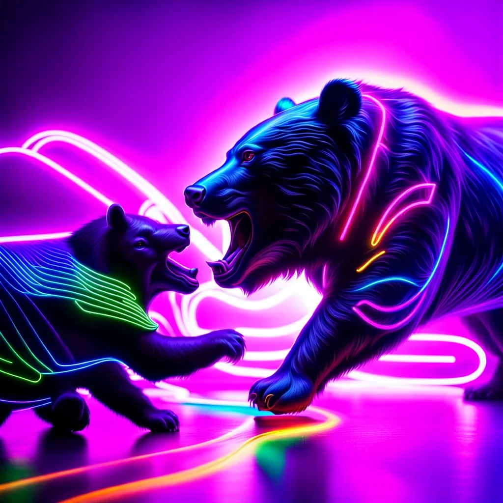 brightly coloured 3D infinity symbol ∞, bull on right beating a bear on left in a fight, DSLR with a 80mm lens, set to f/16 and a slow shutter speed of 1/15s, striking, neon, vibrant, chiaroscuro, dramatic, captivating, high-tech, powerful, fantasy, beautiful, octane render, 16k post-production, artstation: award-winning: atmospheric: commanding: fantastical: clarity: ultra quality: striking: brilliance: stunning colors: amazing depth; lens: f/11, 35mm