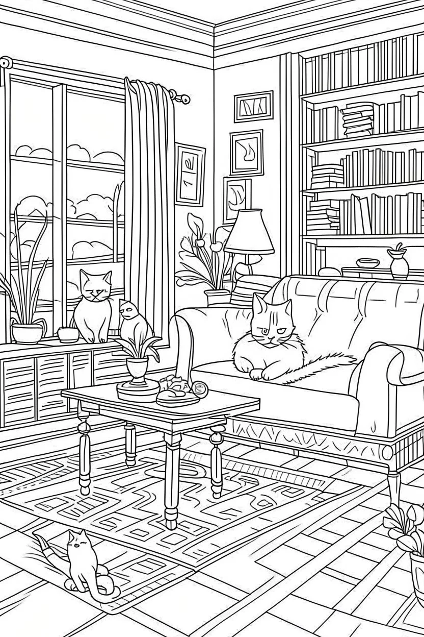 coloring page for kids, Cats in the living room, cartoon style, thick lines, low detail, no shading