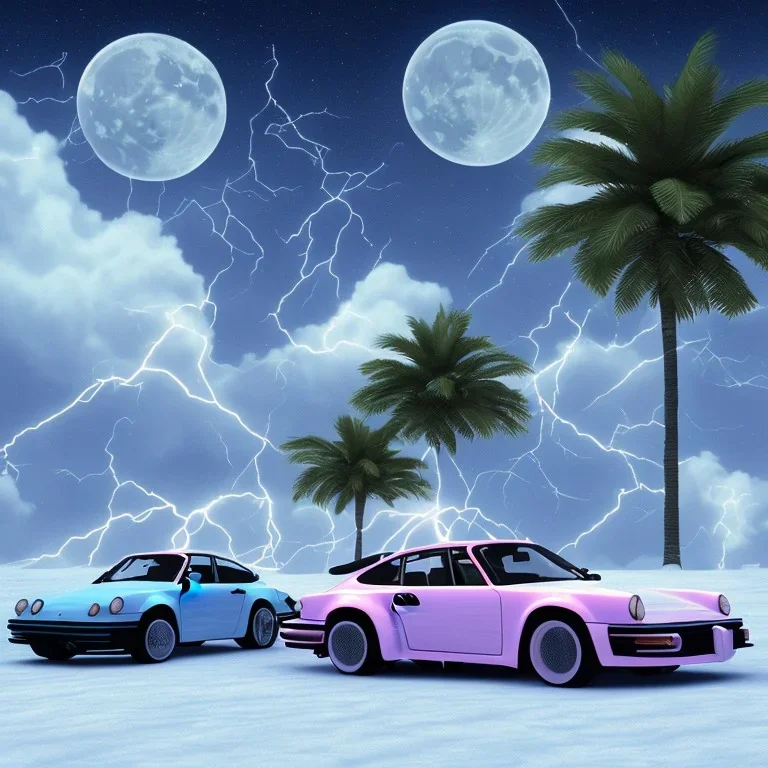 1980's aesthetic vaporwave palm trees with moon with porsche in the winter snow with lightning