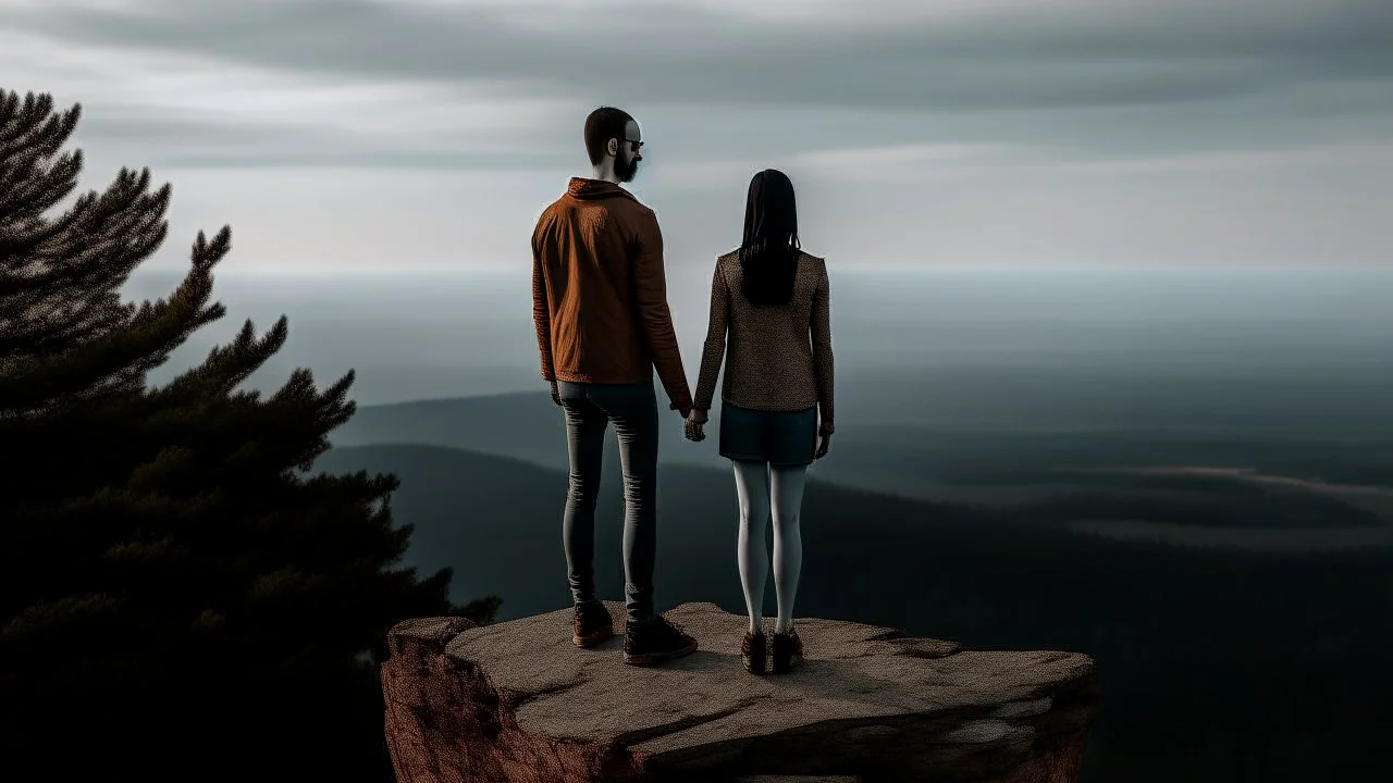 Only one guy and a girl are standing on the edge of a cliff and holding hands