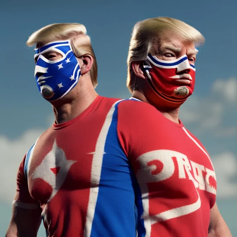 Only one, Realistic image of Donald trump wrestler, Mexican wrestling style, Mexican eyes wrestling mask, red and blue breeches, suspenders, retro style, 80s, vibrant color, highly detailed, sky background, concept art, unreal engine 5, god rays, ray tracing, RTX, lumen lighting, ultra detail, volumetric lighting, 3d, finely drawn, high definition, high resolution.