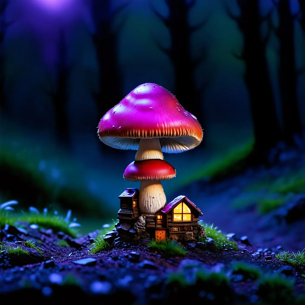 "Close up of a wonderful tiny Mushroom Tower home. Red and Magenta with bright white, deep black and contrasting tones of gray magenta and violet colors. Illuminated bioluminescent forest. Professional painter, master at composition. small but detailed. broken, blurred background, voluminous lighting"