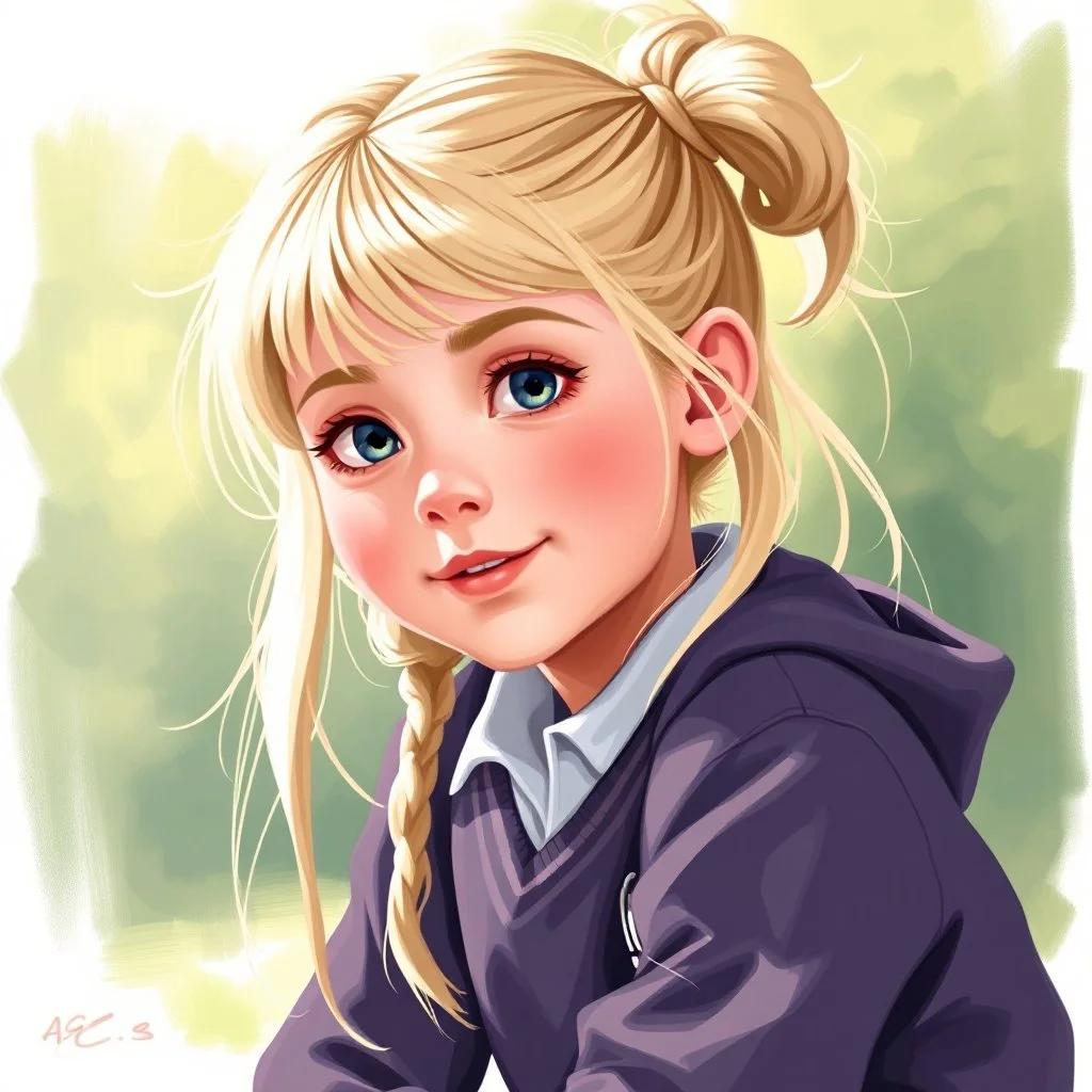 a pretty girl, age 8, blonde hair in bunches, playing outside, school jumper, digital painting, stylised