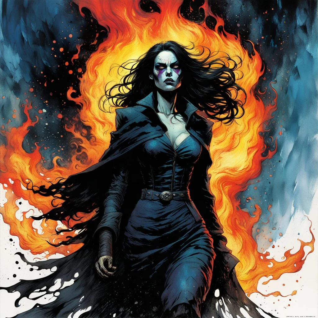 create an imaginative print illustration of a dreaded, feared and emaciated, raven haired, female, blind Nordic seeress, malevolent and dangerous, dressed in rags, with finely detailed, weathered and deeply lined facial features, wreathed in a maelstrom of fire, in the comic book art style of Bill Sienkiewicz, Mike Mignola, and Jean Giraud Moebius, finely textured, drawn, colored, and inked